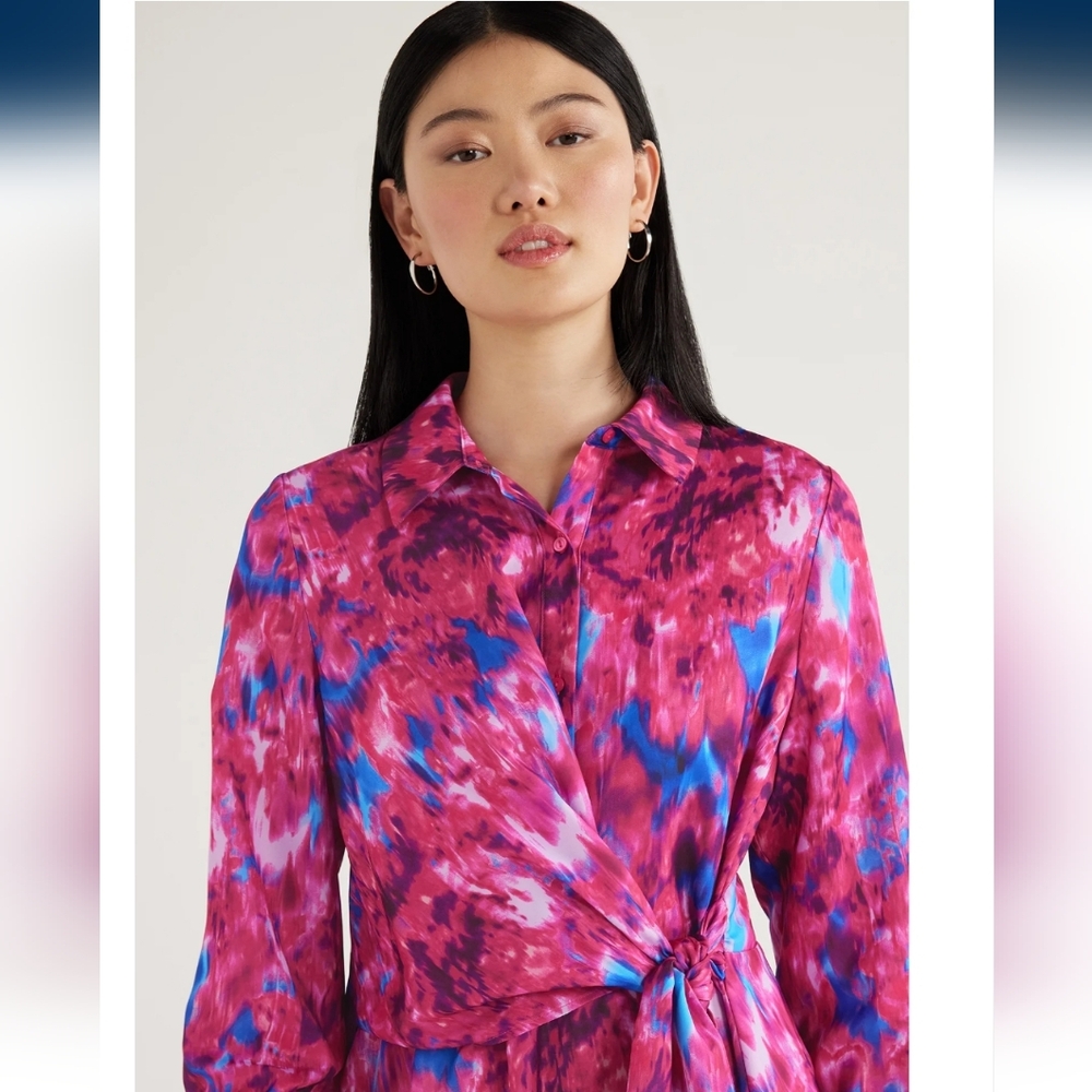 Scoop Long Sleeve Button Front Side Tie Short Dress, L (12-14)  Pink multi - Picture 5 of 6
